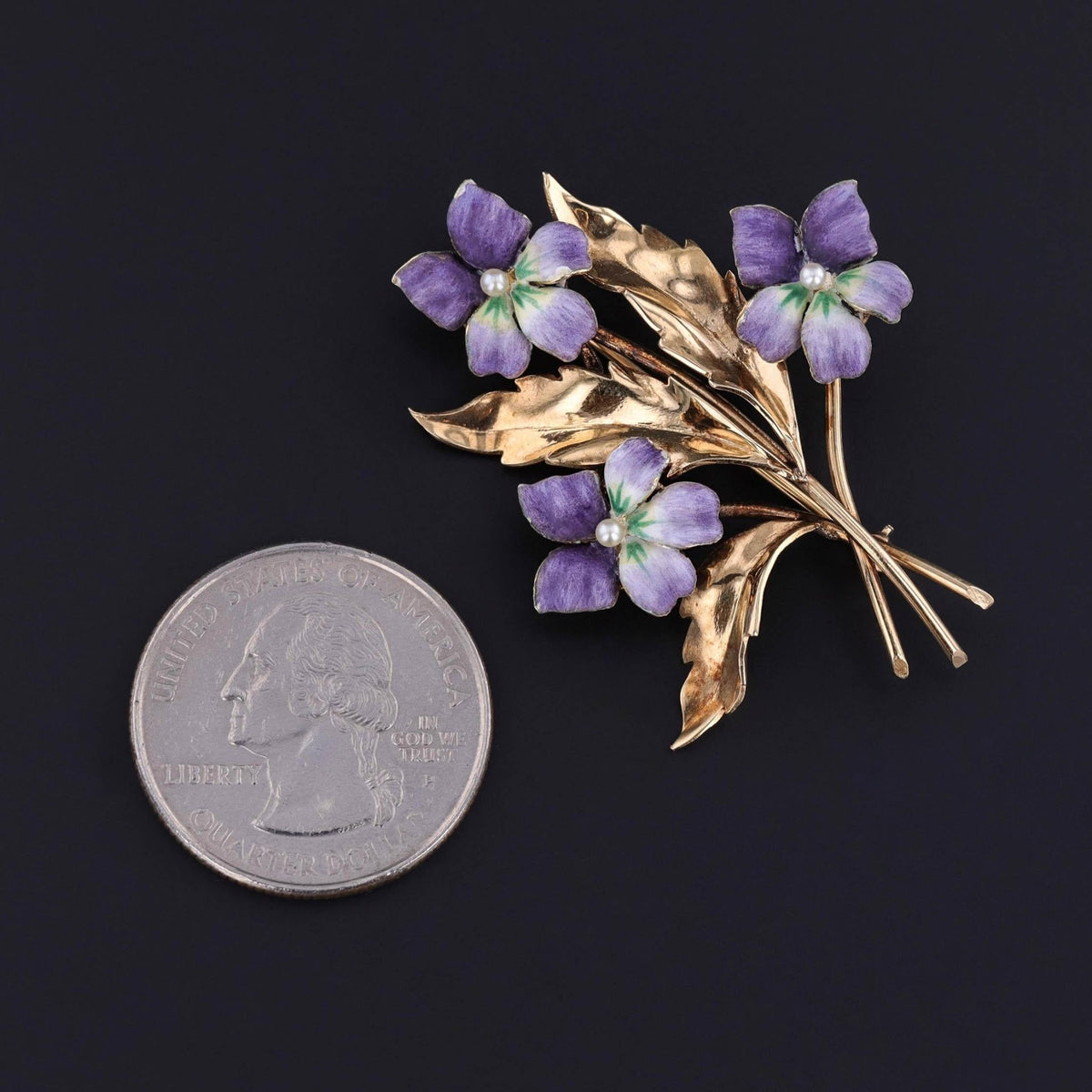 Vintage Enamel Violet Brooch of 14k Gold - Trademark Antiques