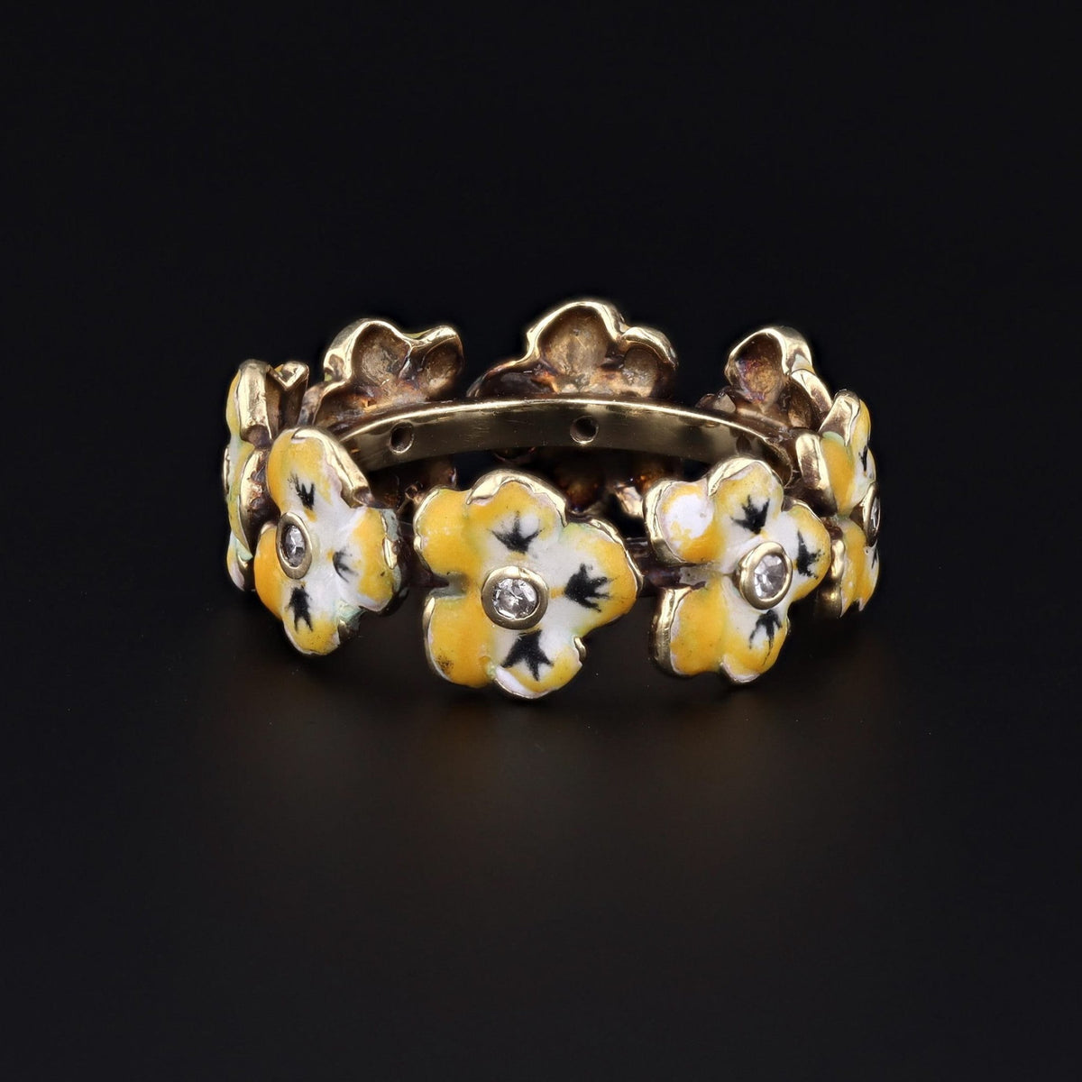 Vintage Enamel Yellow Pansy Flower Band Ring of 14k Gold - Trademark Antiques