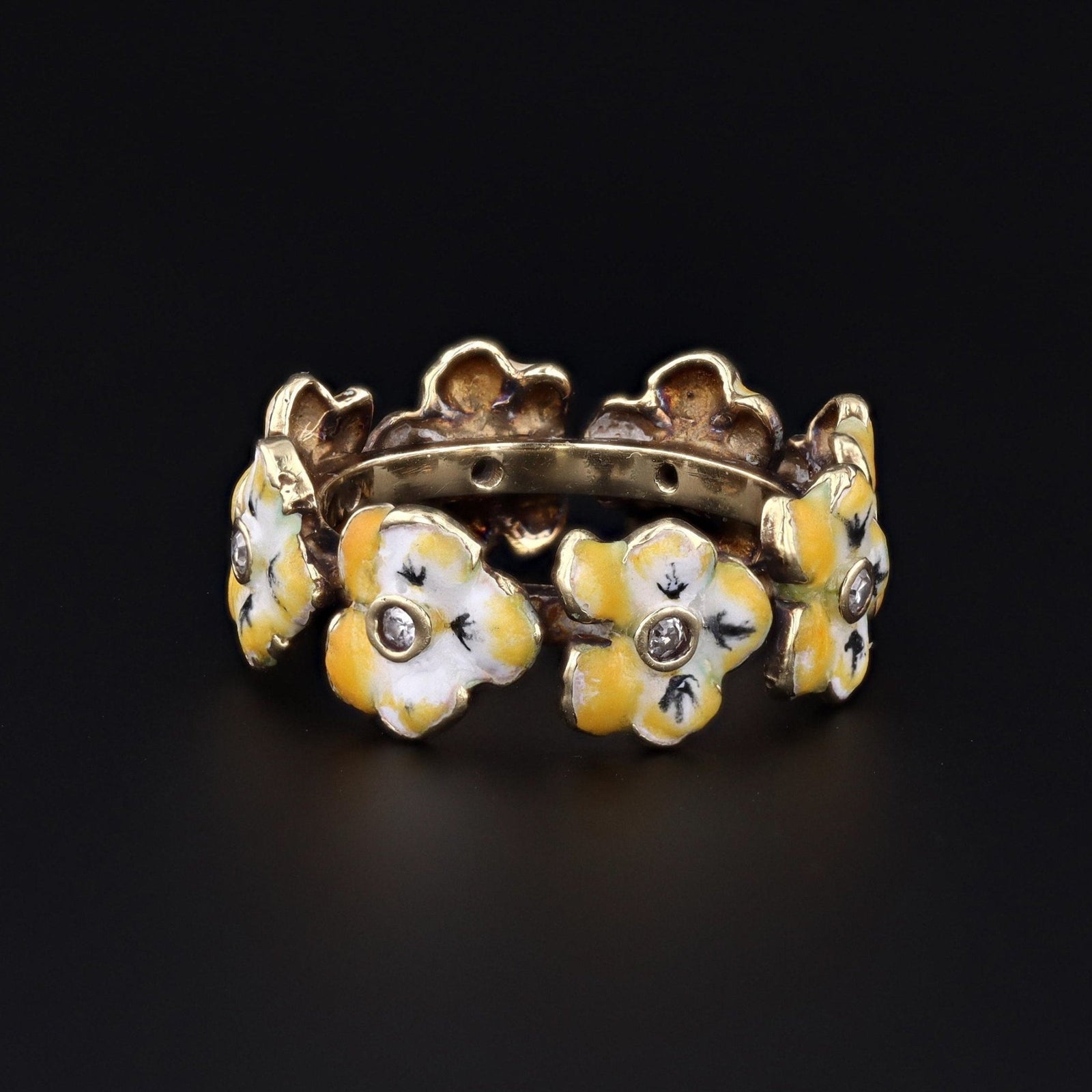 Vintage Enamel Yellow Pansy Flower Band Ring of 14k Gold - Trademark Antiques