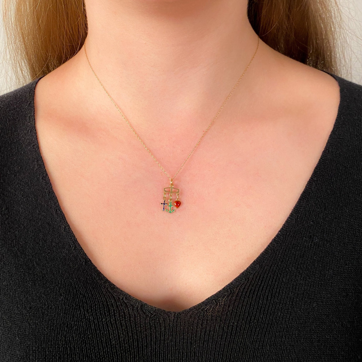 Vintage Faith, Hope, and Charity Enamel Charm of 14k Gold - Trademark Antiques