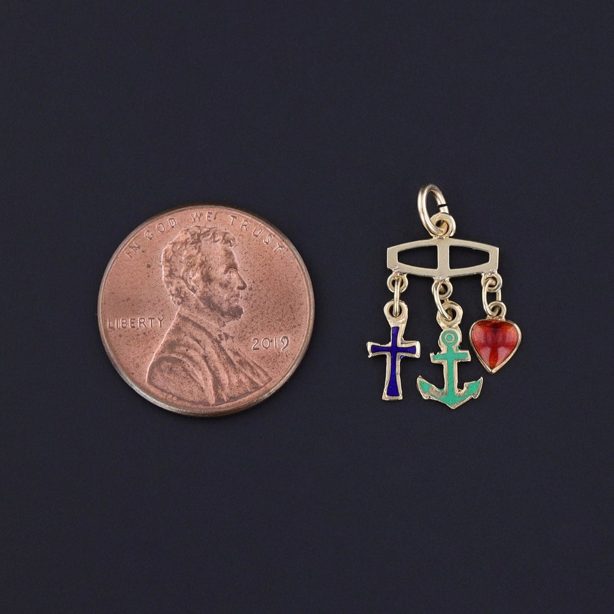 Vintage Faith, Hope, and Charity Enamel Charm of 14k Gold - Trademark Antiques