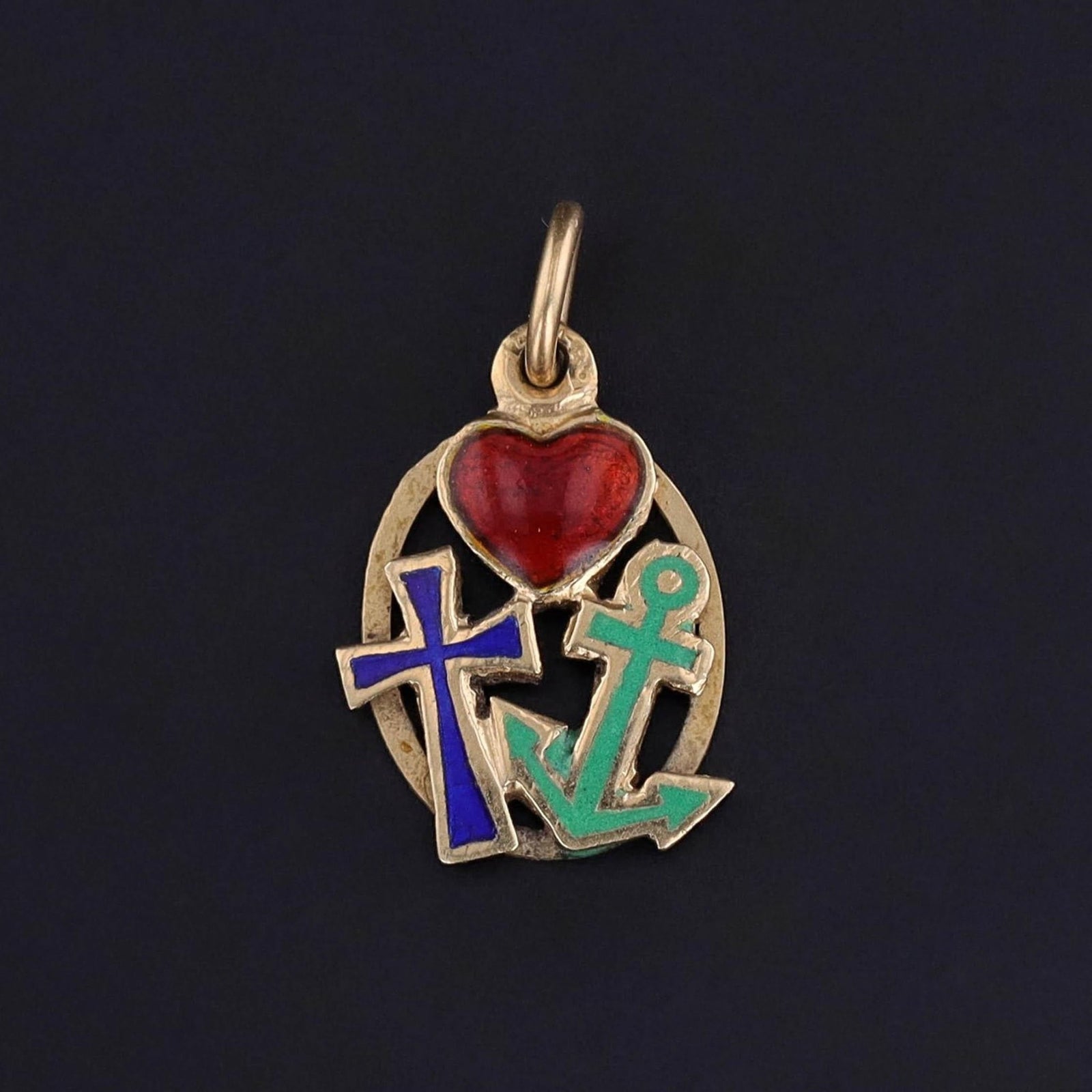 Vintage Faith, Hope, and Charity Enamel Charm of 14k Gold - Trademark Antiques