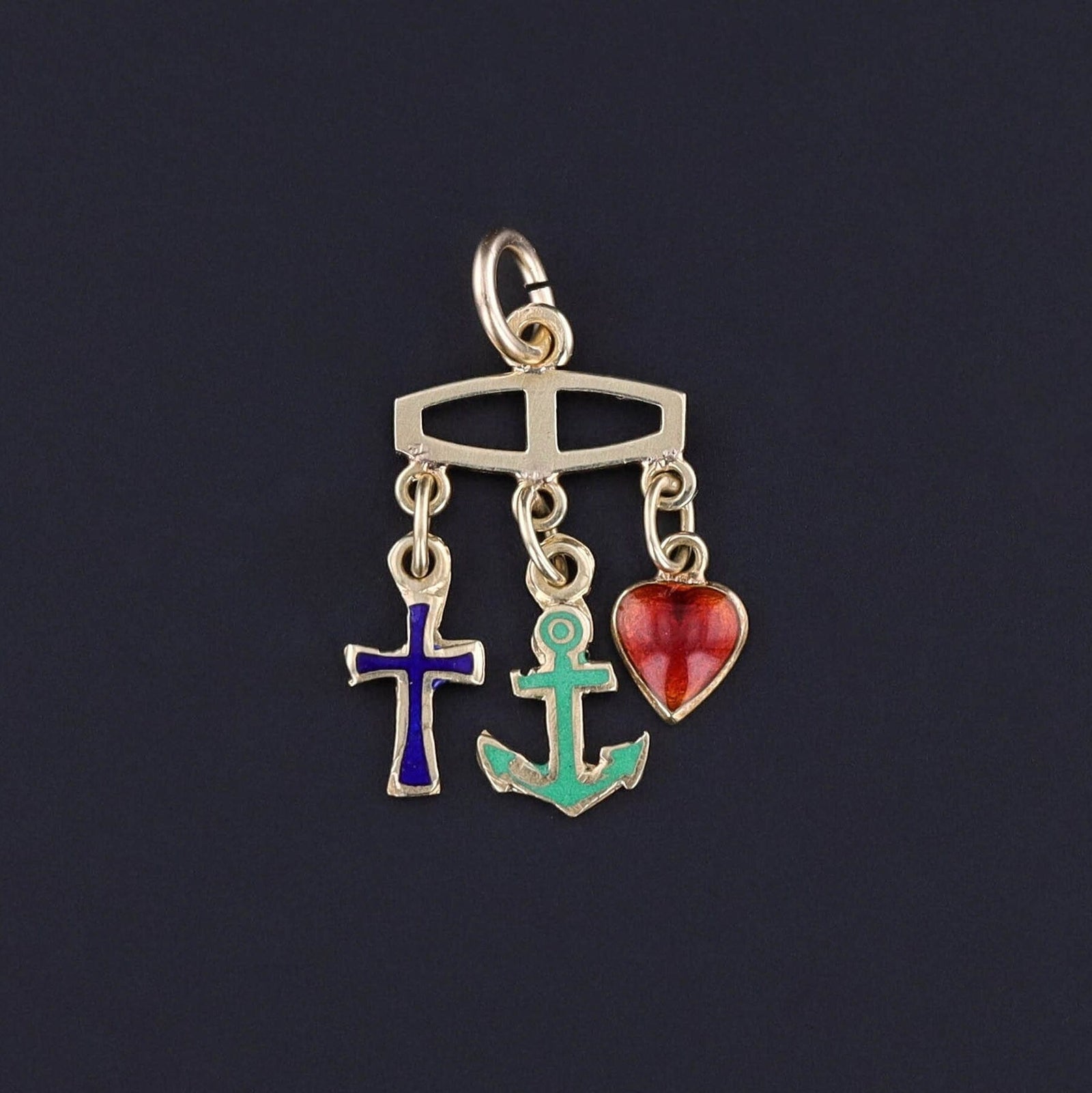 Vintage Faith, Hope, and Charity Enamel Charm of 14k Gold - Trademark Antiques