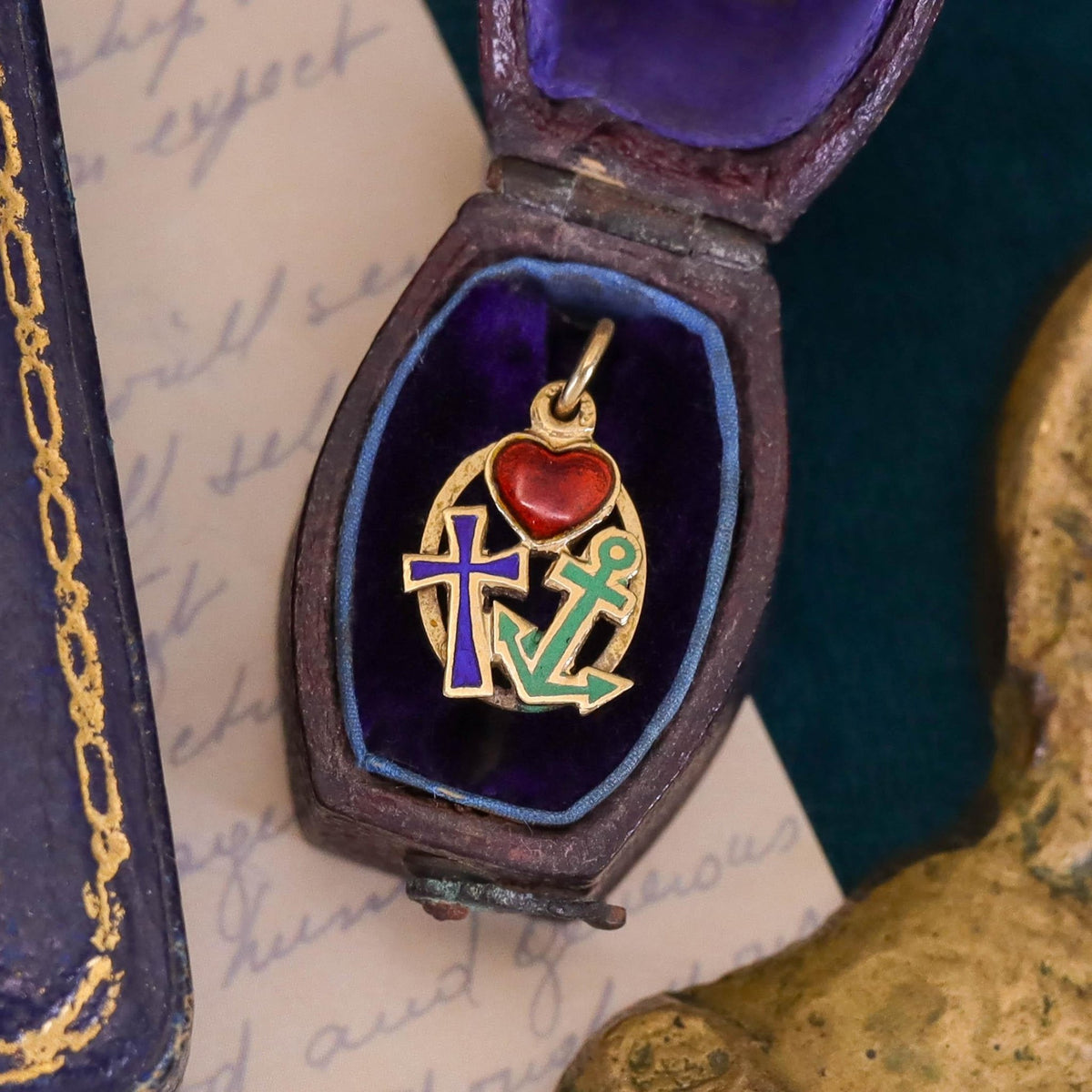 Vintage Faith, Hope, and Charity Enamel Charm of 14k Gold - Trademark Antiques