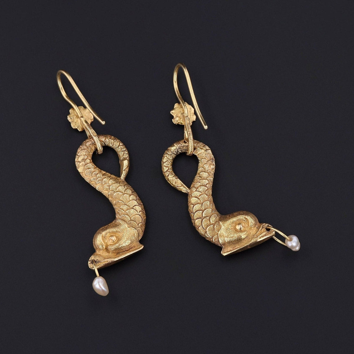 Vintage Fish with Pearl Earrings of 18k Gold - Trademark Antiques