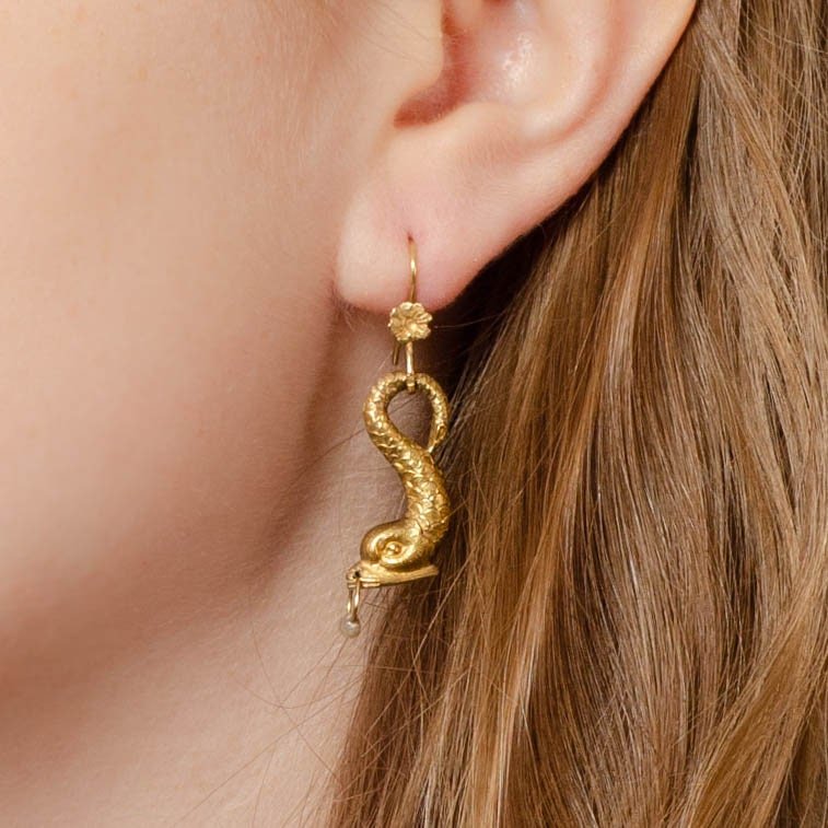 Vintage Fish with Pearl Earrings of 18k Gold - Trademark Antiques