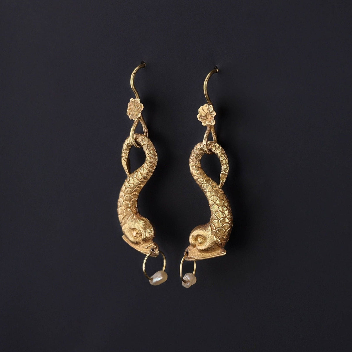 Vintage Fish with Pearl Earrings of 18k Gold - Trademark Antiques