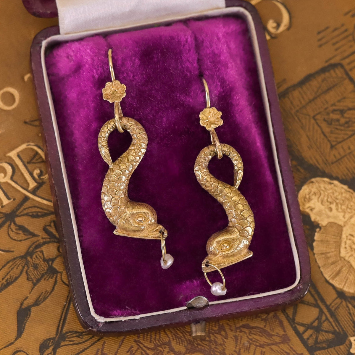 Vintage Fish with Pearl Earrings of 18k Gold - Trademark Antiques