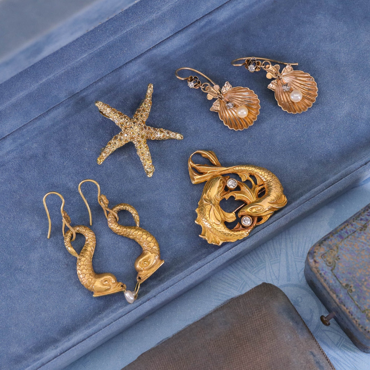 Vintage Fish with Pearl Earrings of 18k Gold - Trademark Antiques