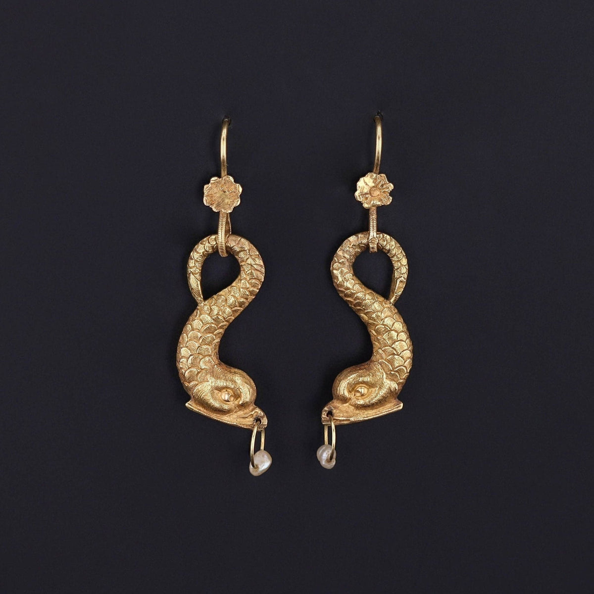 Vintage Fish with Pearl Earrings of 18k Gold - Trademark Antiques