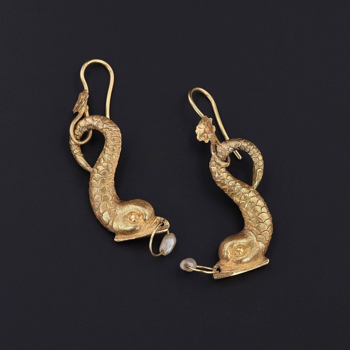 Vintage Fish with Pearl Earrings of 18k Gold - Trademark Antiques