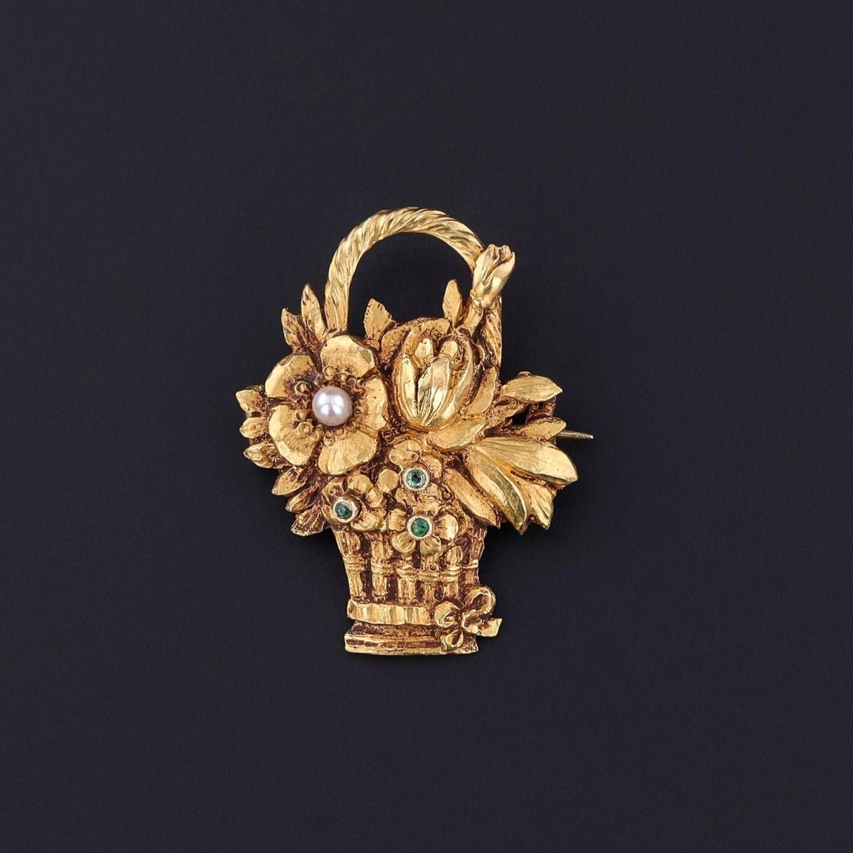 Vintage Flower Basket Brooch of 14k Gold - Trademark Antiques