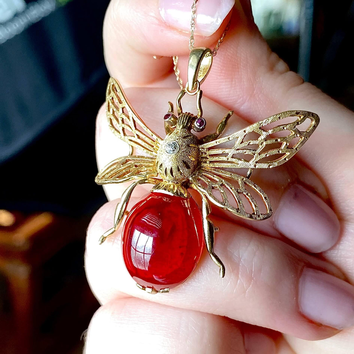 Vintage Garnet Bug Pendant of 14k Gold - Trademark Antiques