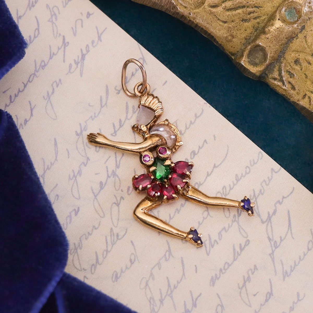 Vintage Gemstone Ballerina Charm of 14k Gold - Trademark Antiques