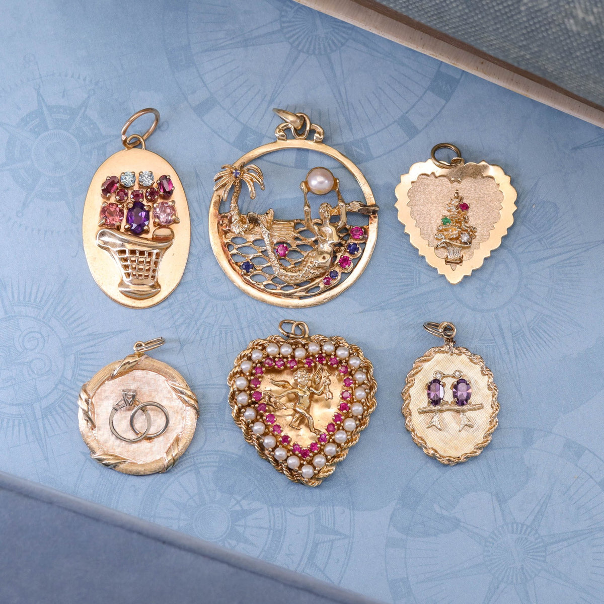 Vintage Gemstone Flower Bakset Pendant of 14k Gold - Trademark Antiques