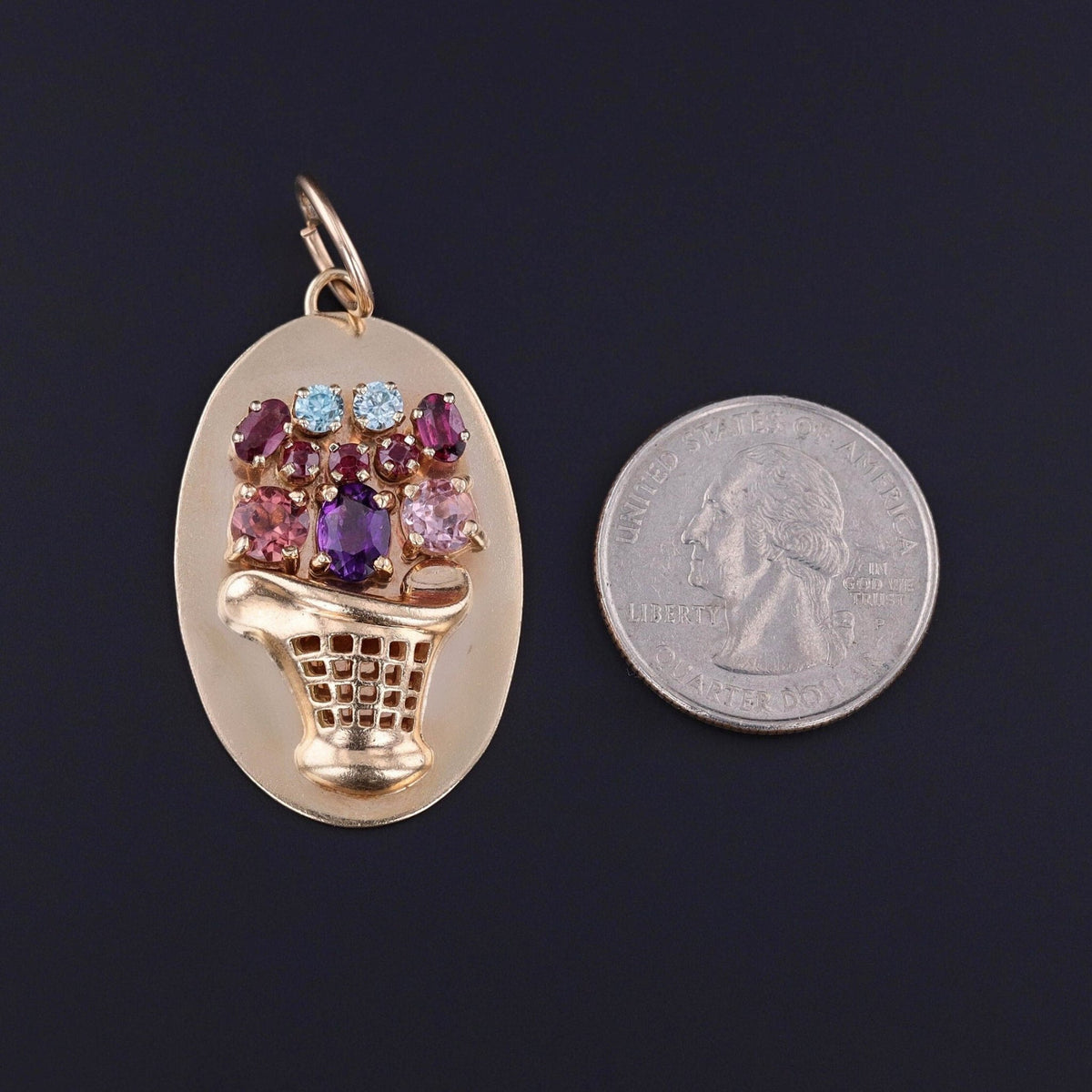 Vintage Gemstone Flower Bakset Pendant of 14k Gold - Trademark Antiques