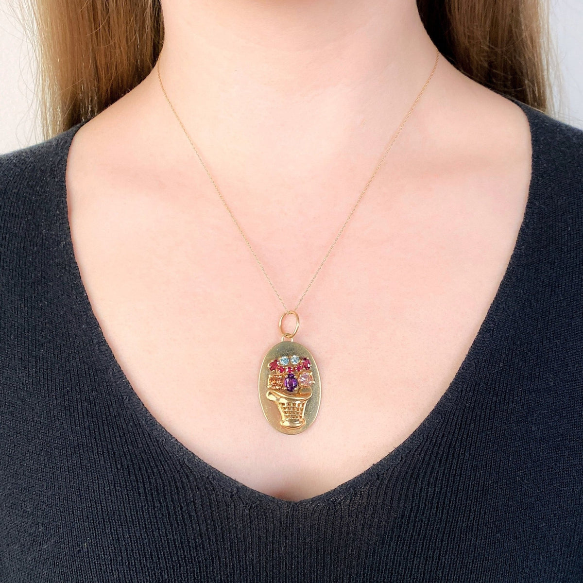 Vintage Gemstone Flower Bakset Pendant of 14k Gold - Trademark Antiques