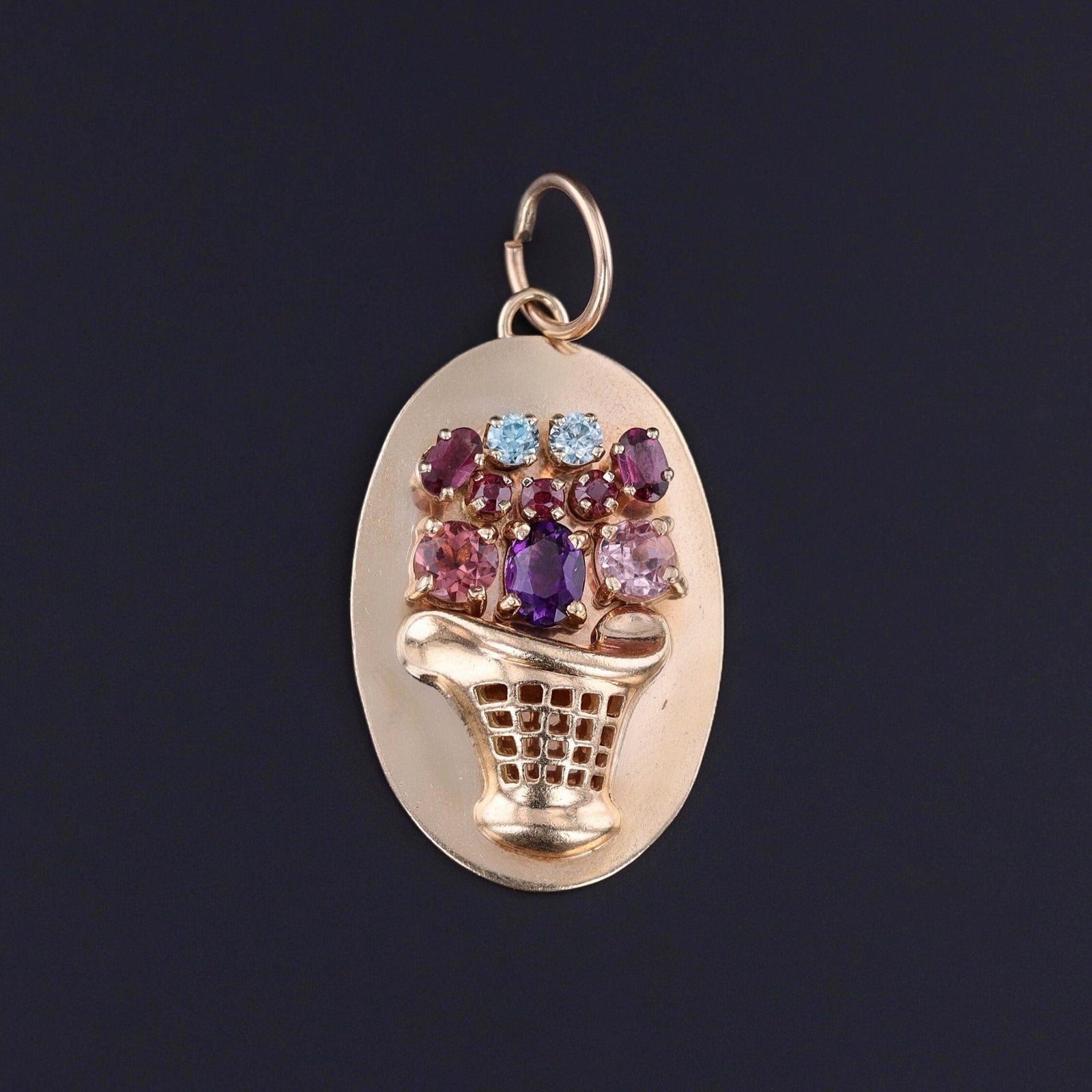 Vintage Gemstone Flower Bakset Pendant of 14k Gold - Trademark Antiques