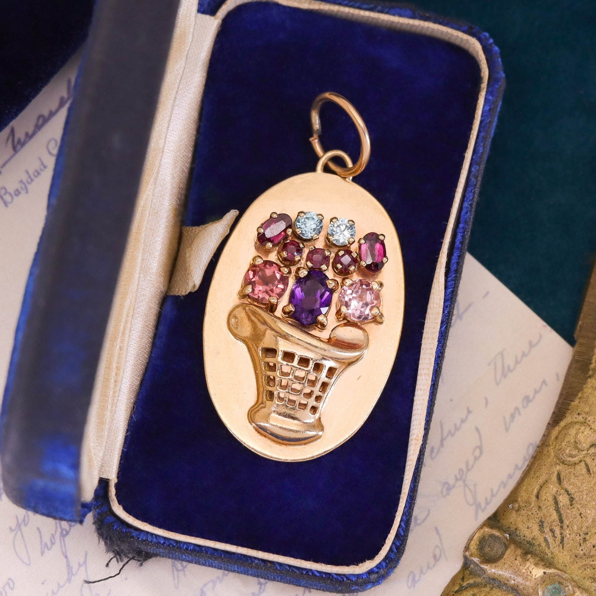 Vintage Gemstone Flower Bakset Pendant of 14k Gold - Trademark Antiques