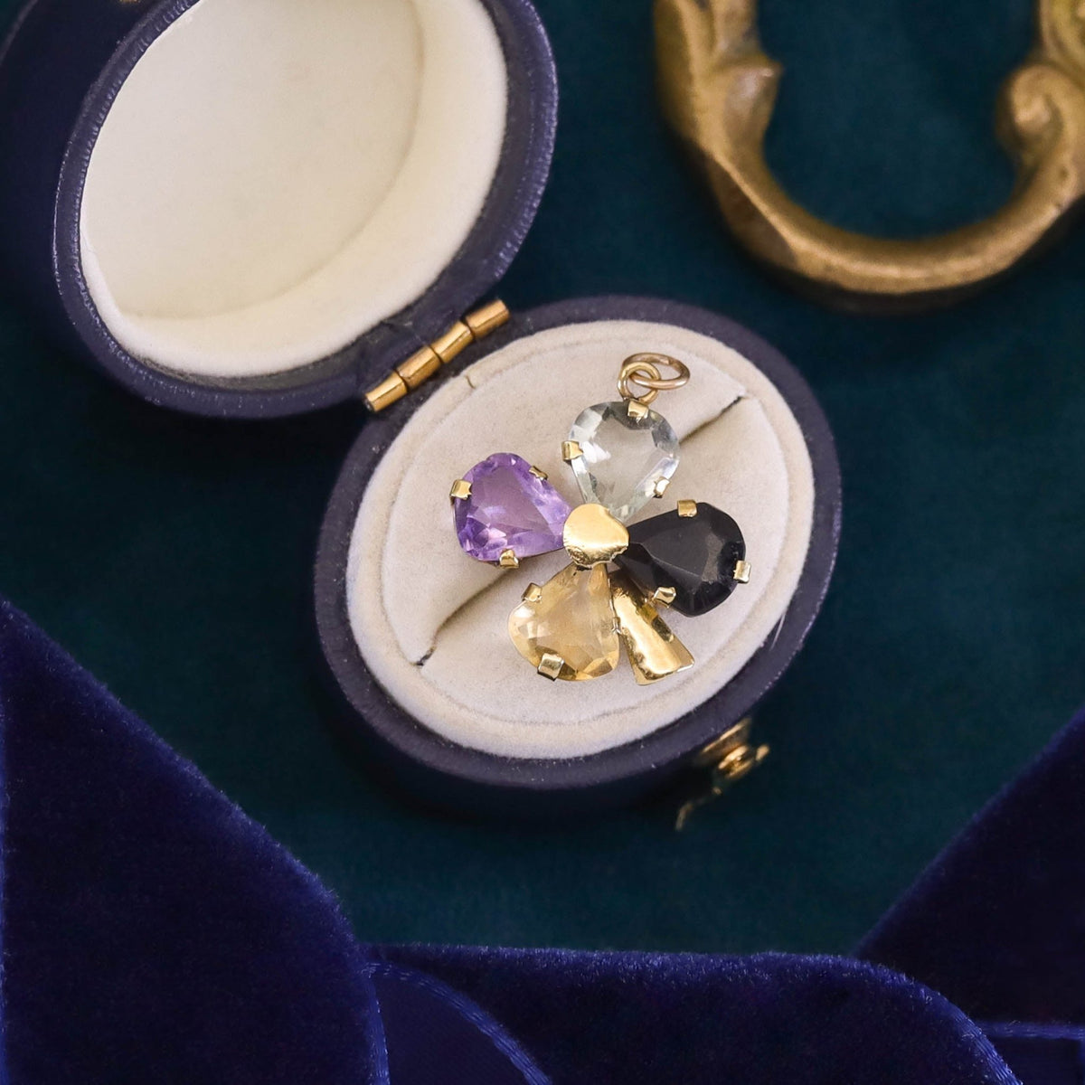 Vintage Gemstone Four Leaf Clover Charm or Pendant of 18k Gold - Trademark Antiques