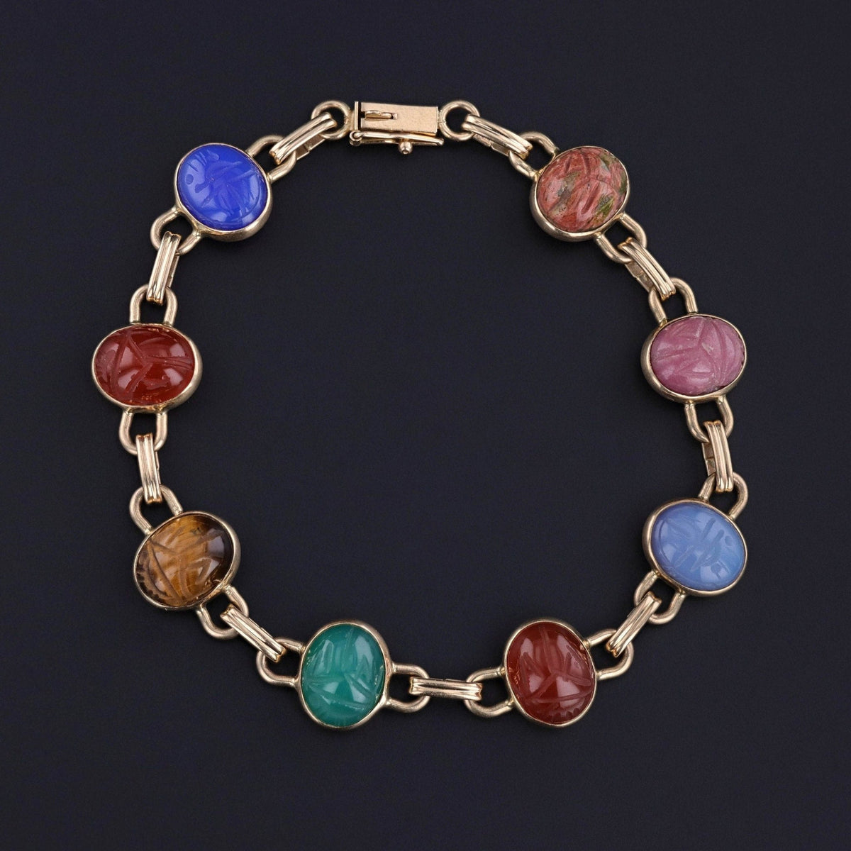 Vintage Gemstone Scarab Bracelet of 14k Gold - Trademark Antiques
