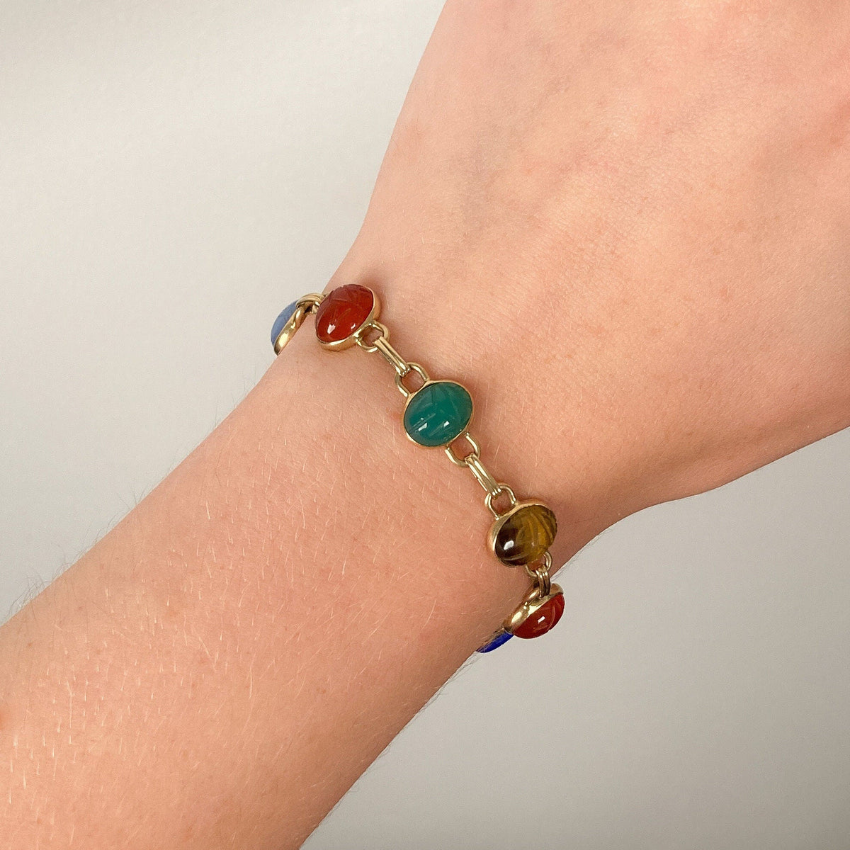 Vintage Gemstone Scarab Bracelet of 14k Gold - Trademark Antiques