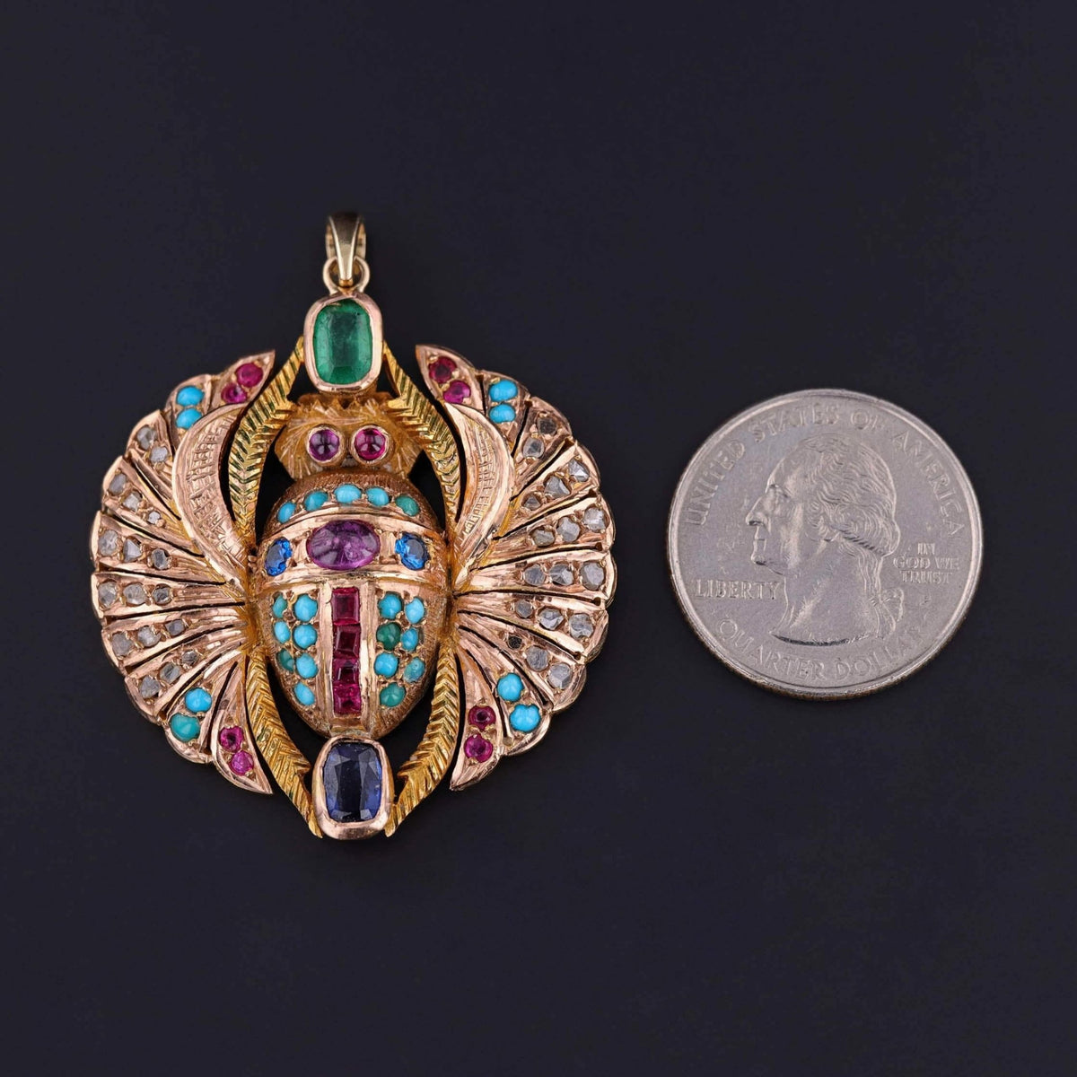 Vintage Gemstone Winged Scarab Pendant of 14k Gold - Trademark Antiques