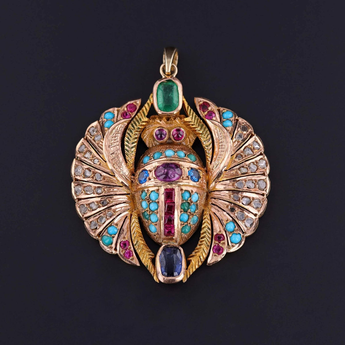 Vintage Gemstone Winged Scarab Pendant of 14k Gold - Trademark Antiques