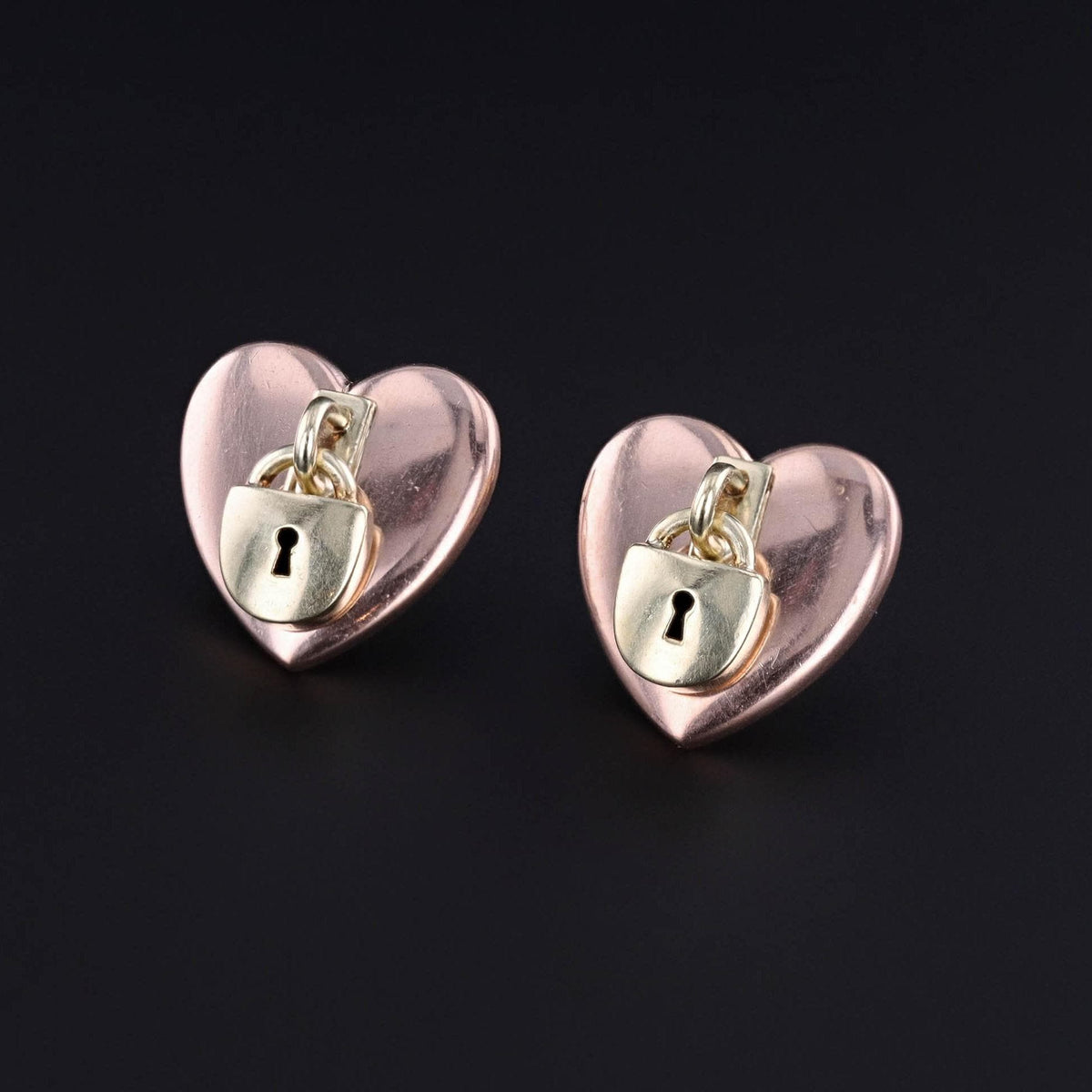 Vintage Hearts with Locks Earrings of 14k Rose and Yellow Gold - Trademark Antiques