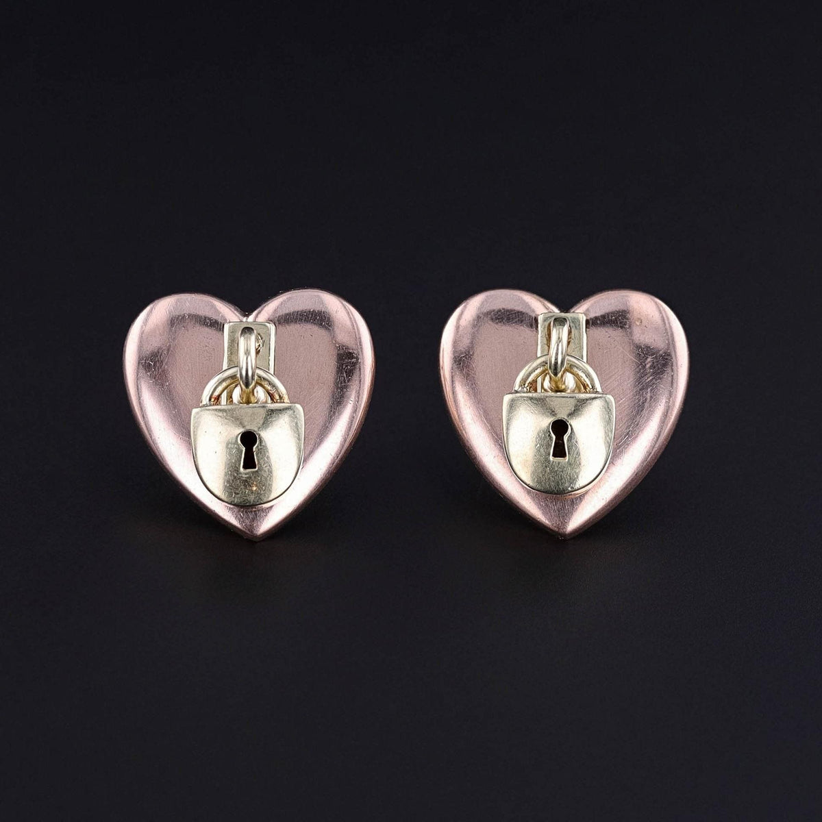 Vintage Hearts with Locks Earrings of 14k Rose and Yellow Gold - Trademark Antiques