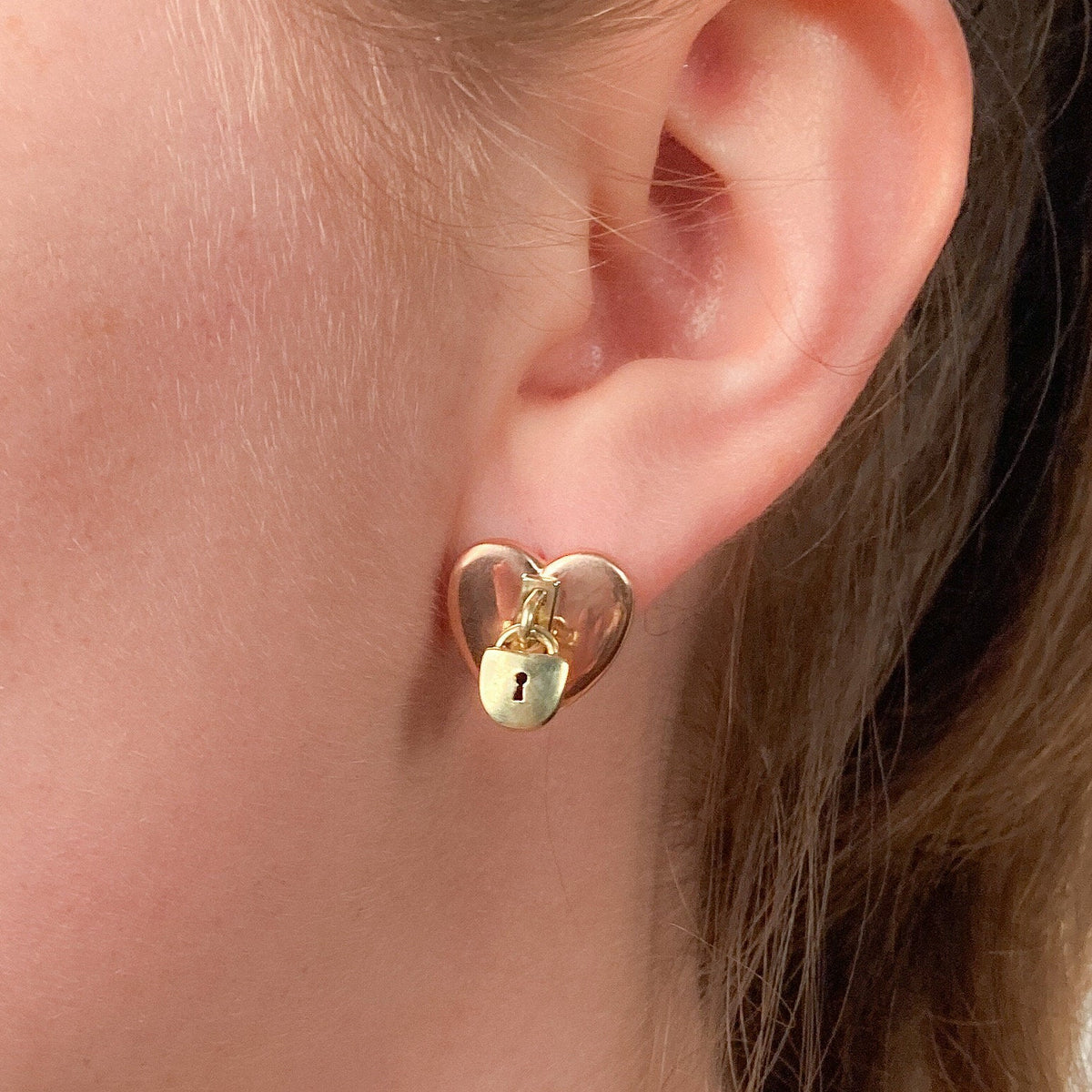 Vintage Hearts with Locks Earrings of 14k Rose and Yellow Gold - Trademark Antiques