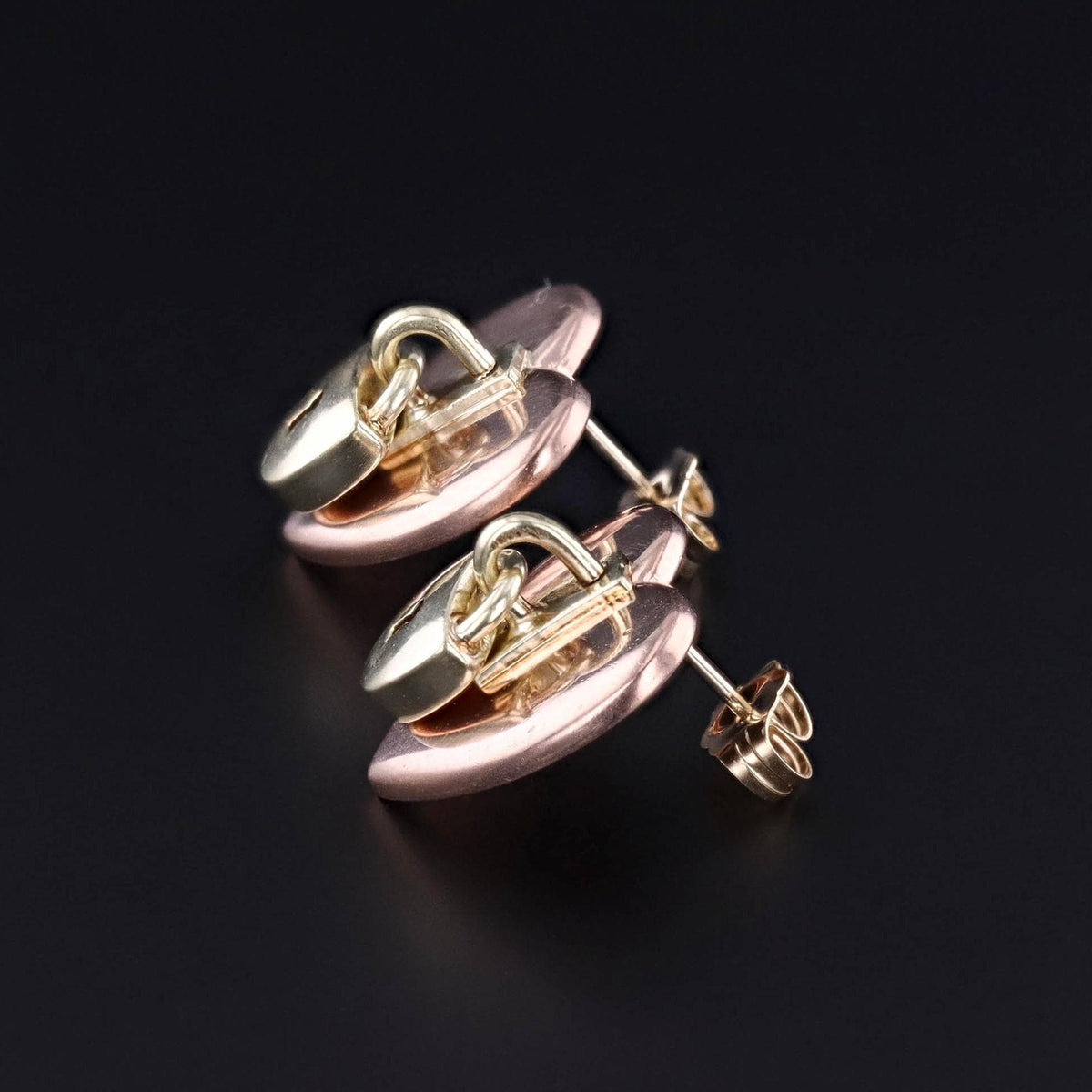 Vintage Hearts with Locks Earrings of 14k Rose and Yellow Gold - Trademark Antiques