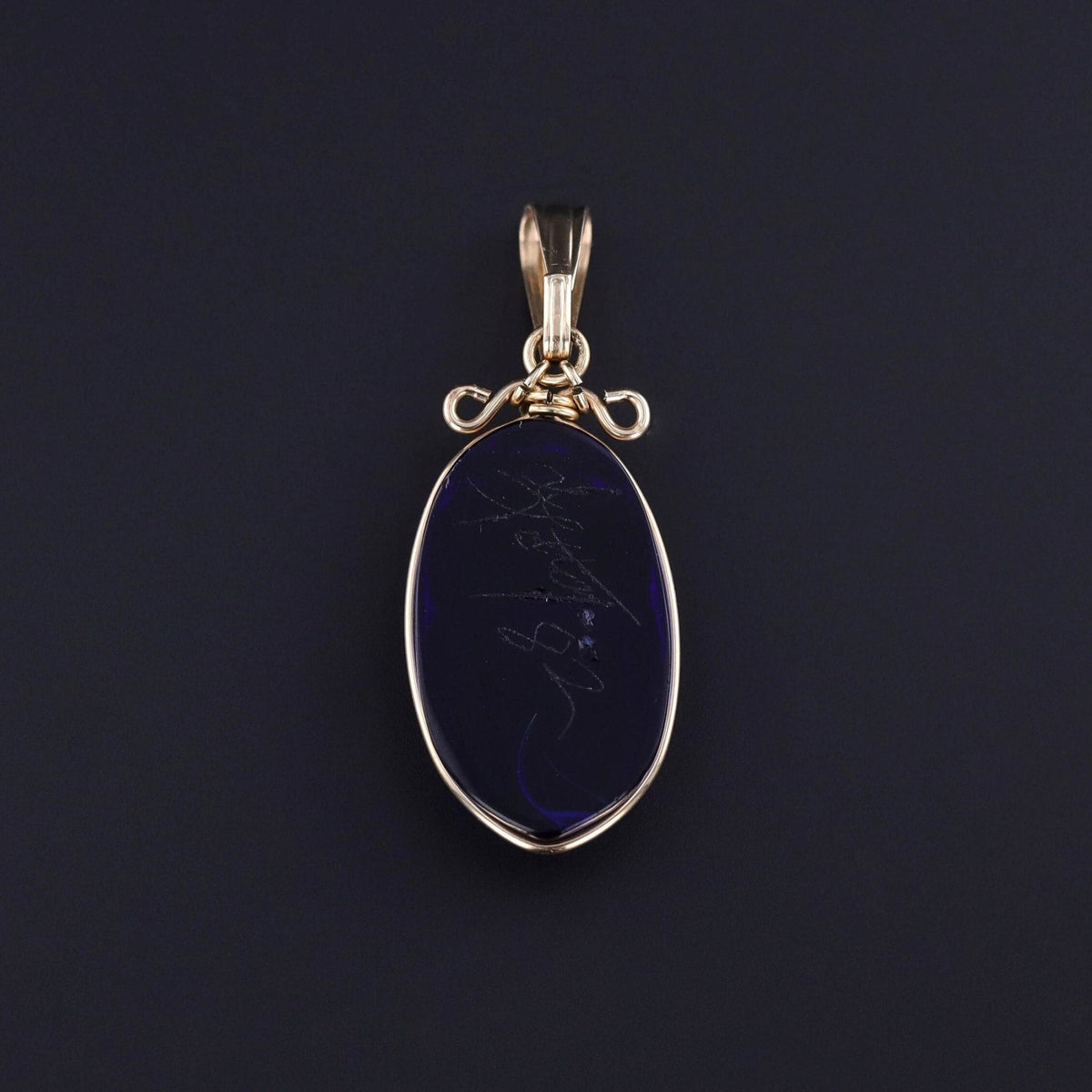 Vintage Iridescent Art Glass Scarab Pendant of 14k Gold - Trademark Antiques