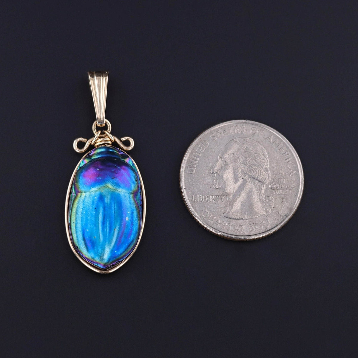 Vintage Iridescent Art Glass Scarab Pendant of 14k Gold - Trademark Antiques