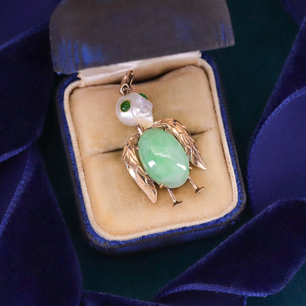Vintage Jade and Pearl Bird Pendant of 14k Gold - Trademark Antiques