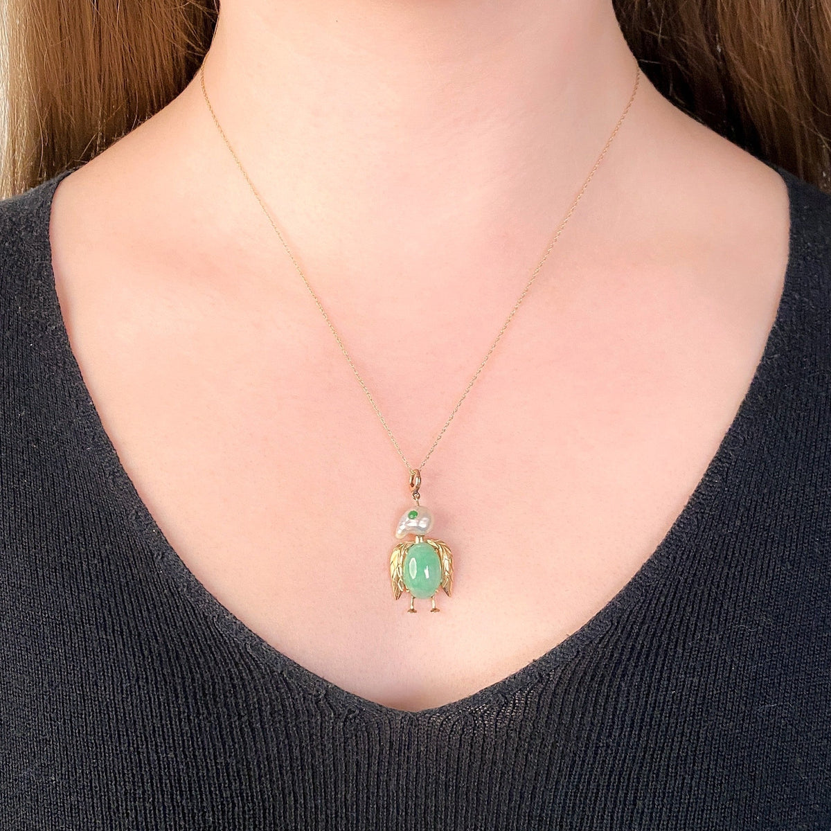 Vintage Jade and Pearl Bird Pendant of 14k Gold - Trademark Antiques