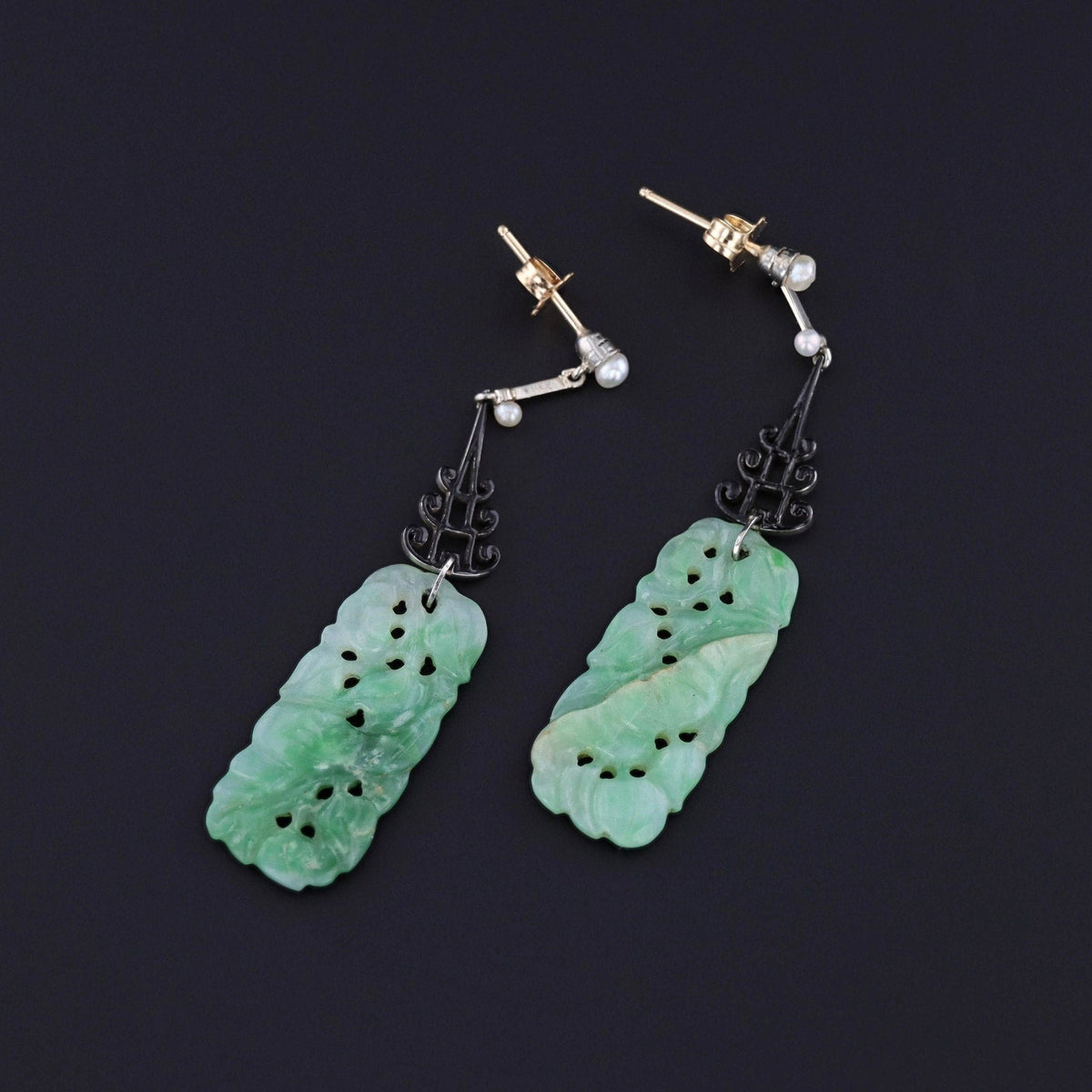 Vintage Jadeite Jade Earrings of 14k Gold and Platinum - Trademark Antiques