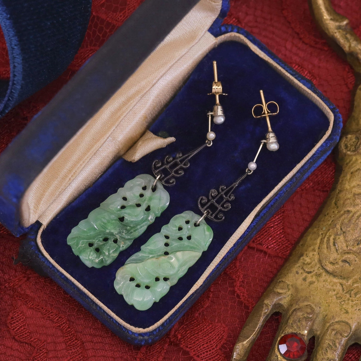 Vintage Jadeite Jade Earrings of 14k Gold and Platinum - Trademark Antiques