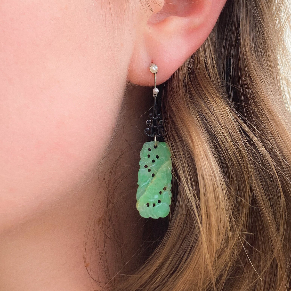 Vintage Jadeite Jade Earrings of 14k Gold and Platinum - Trademark Antiques