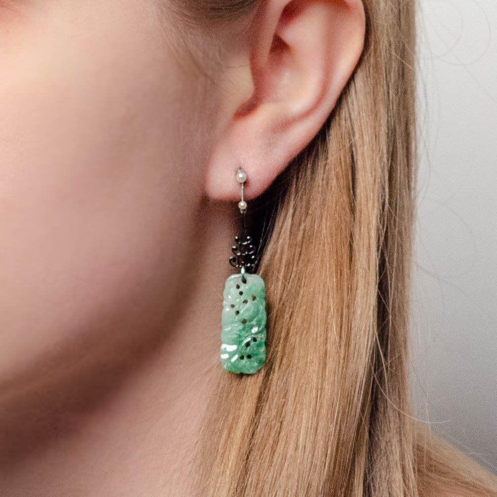 Vintage Jadeite Jade Earrings of 14k Gold and Platinum - Trademark Antiques