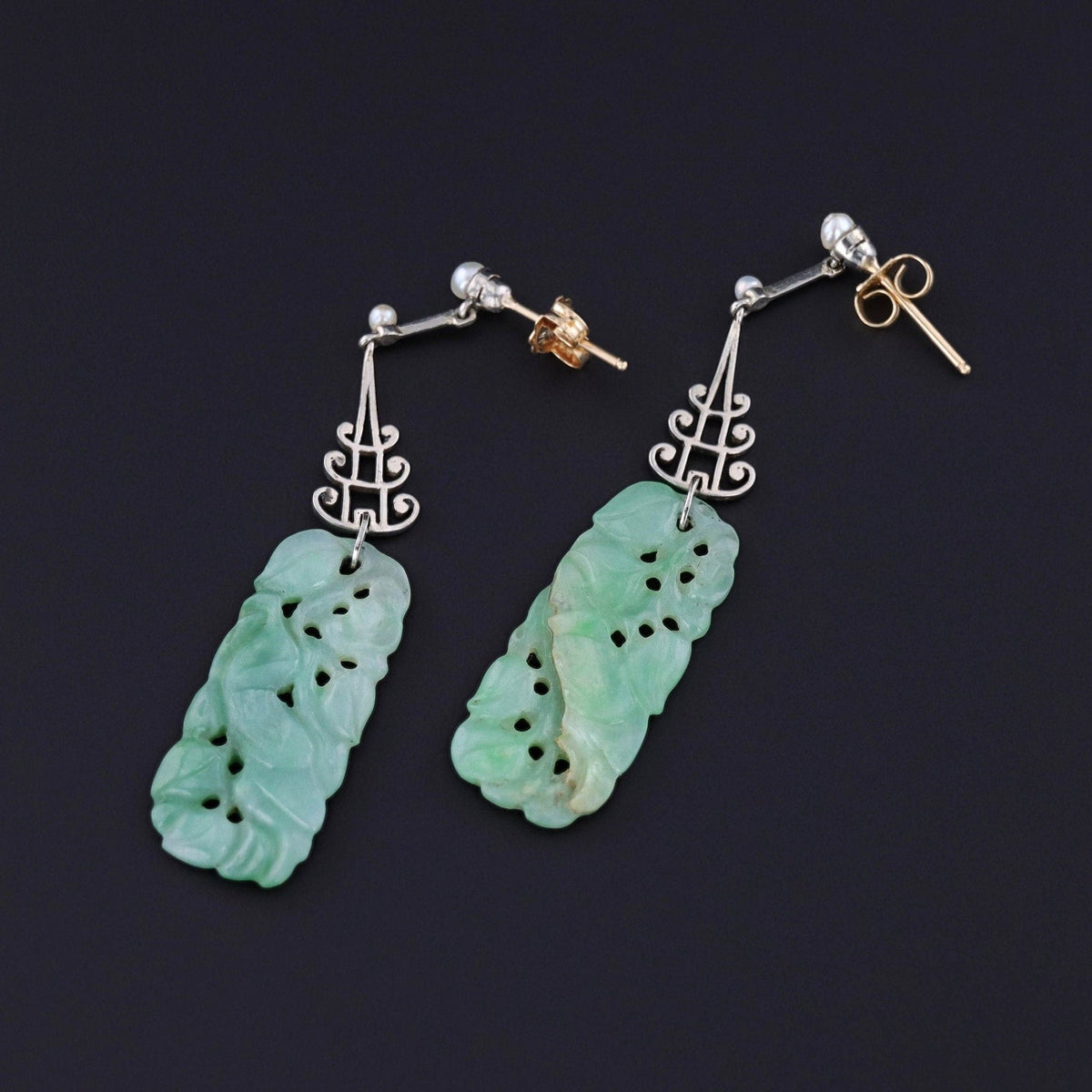 Vintage Jadeite Jade Earrings of 14k Gold and Platinum - Trademark Antiques