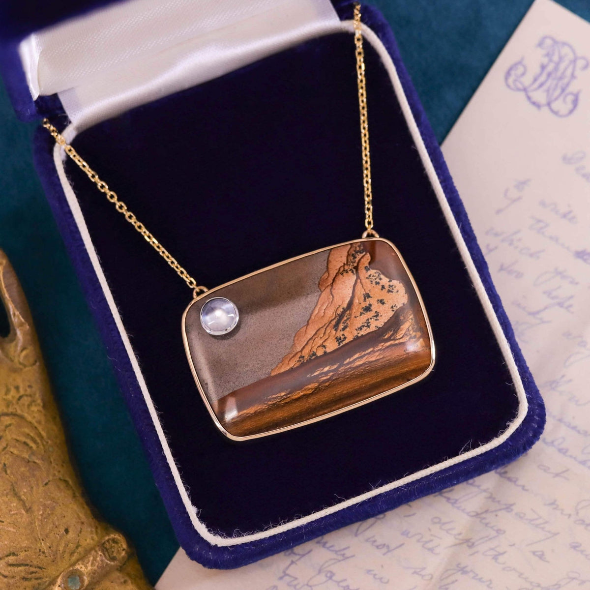 Vintage Jasper and Moonstone Landscape Pendant of 14k Gold - Trademark Antiques