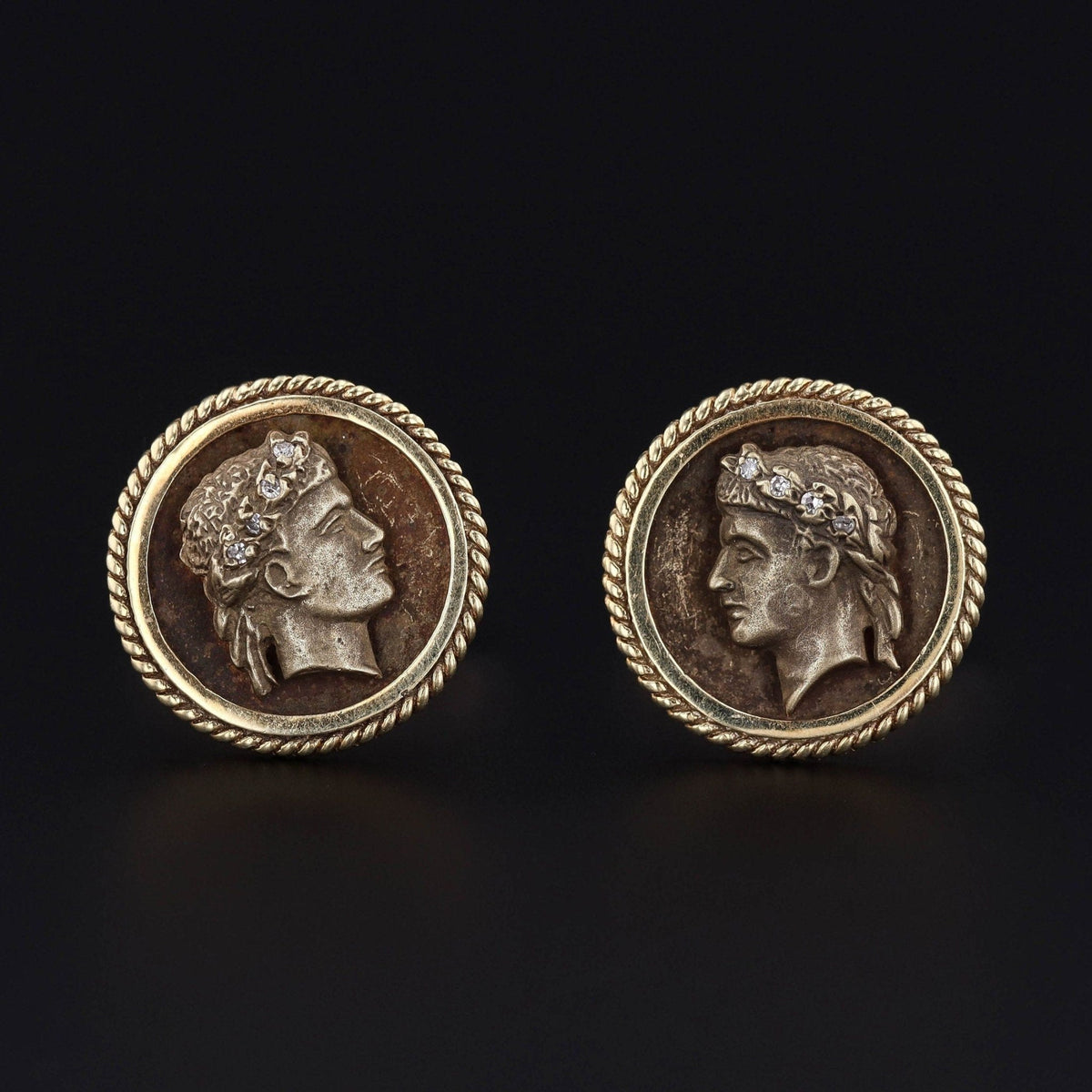 Vintage Julius Caesar Diamond Cameo Cufflinks of 14k Gold - Trademark Antiques