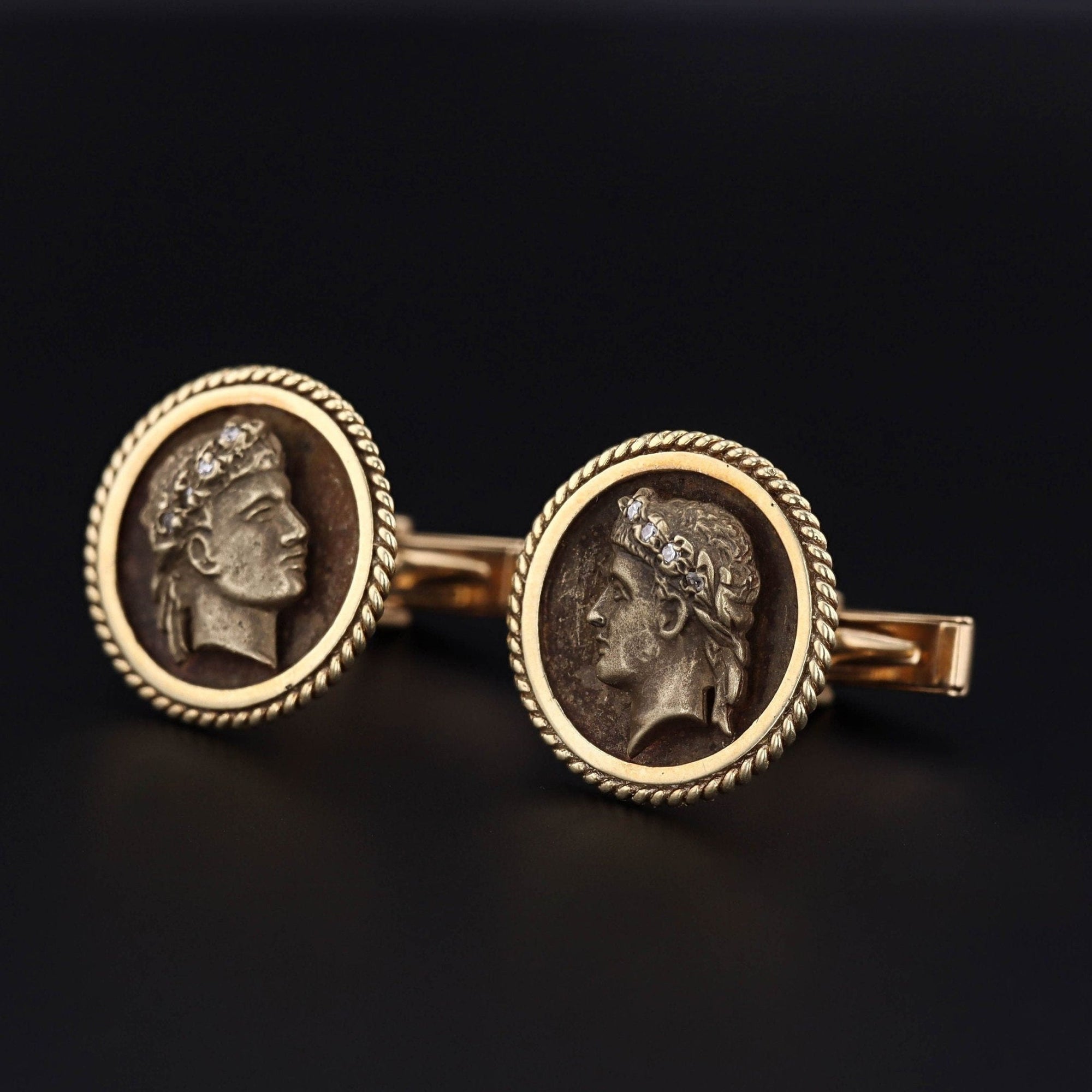 Vintage Julius Caesar Diamond Cameo Cufflinks of 14k Gold - Trademark Antiques