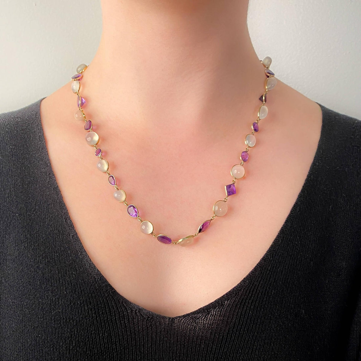 Vintage Moonstone and Amethyst Necklace of 14k Gold - Trademark Antiques