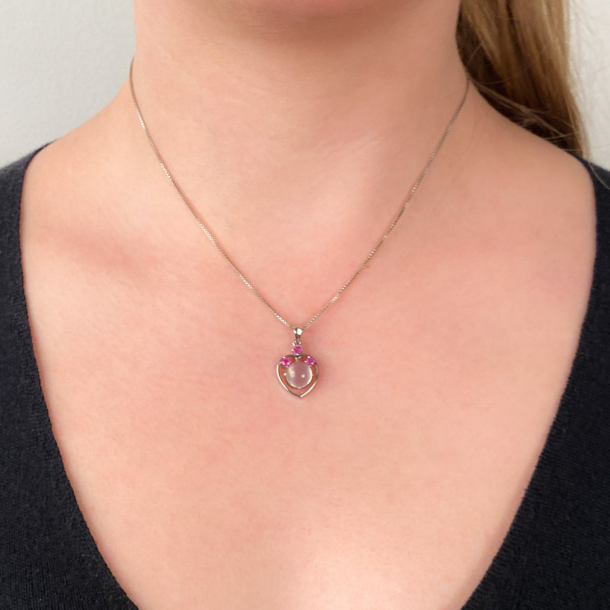 Vintage Moonstone and Ruby Heart Pendant of Silver - Trademark Antiques