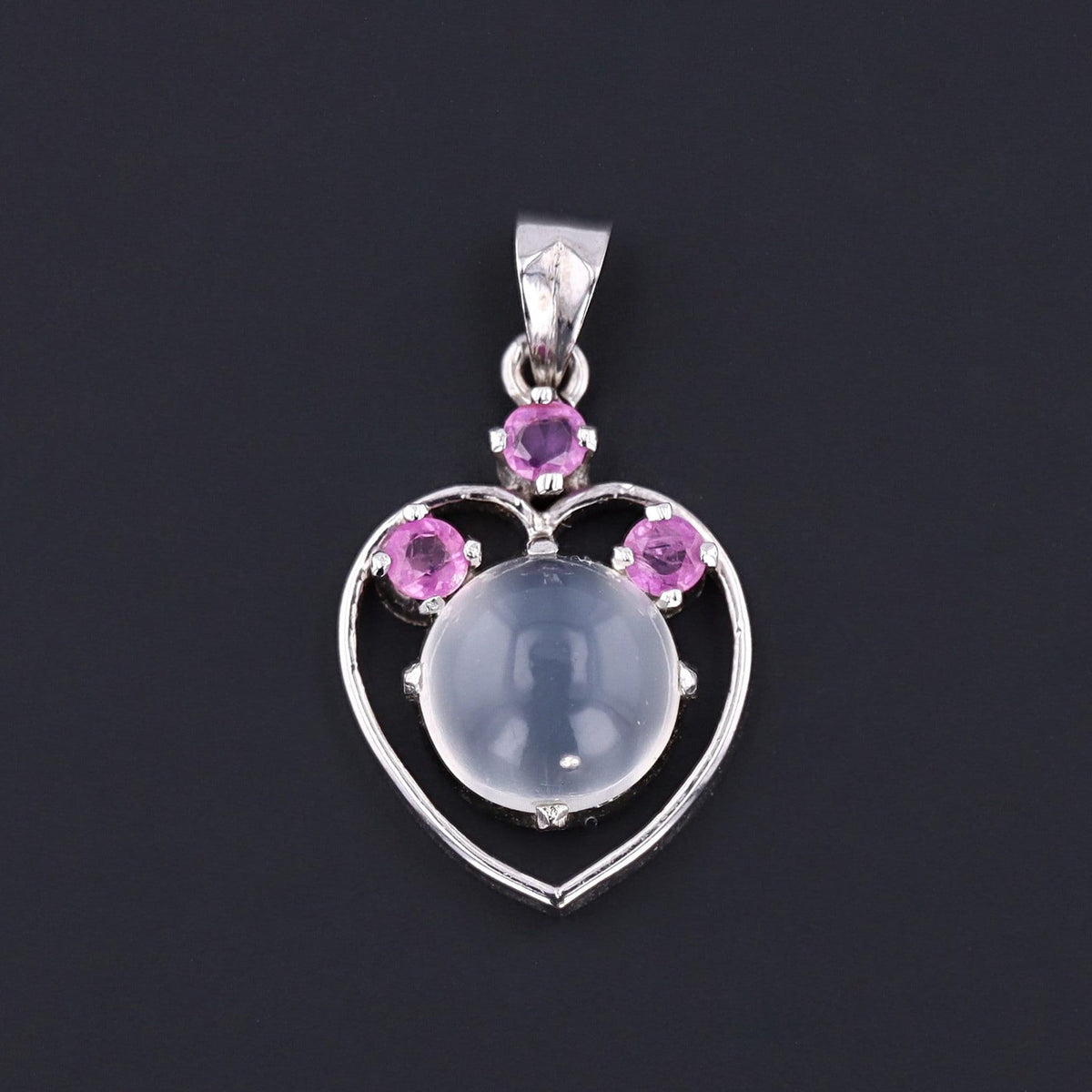 Vintage Moonstone and Ruby Heart Pendant of Silver - Trademark Antiques