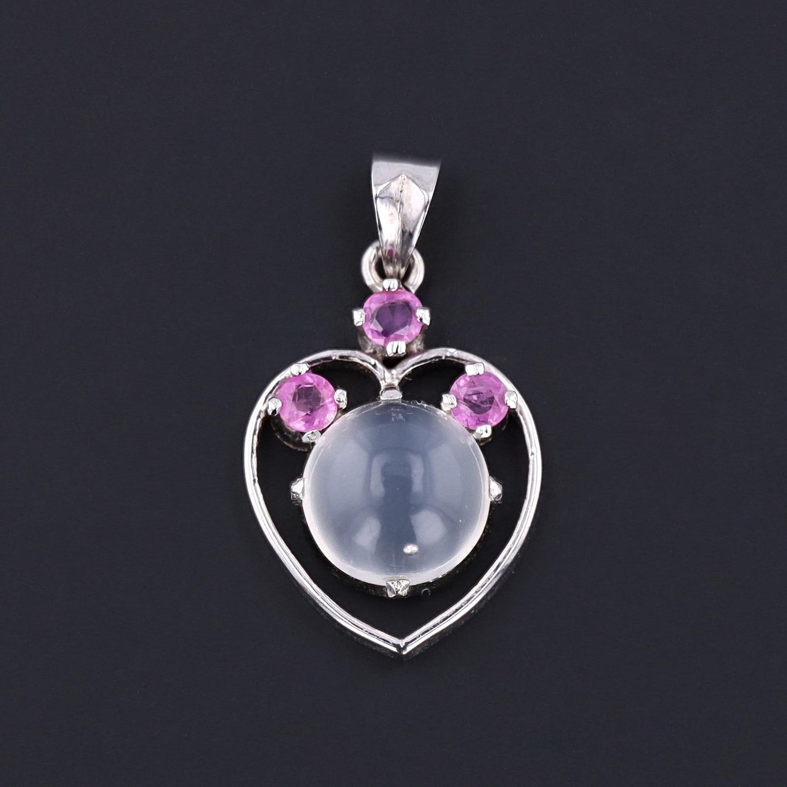 Vintage Moonstone and Ruby Heart Pendant of Silver - Trademark Antiques