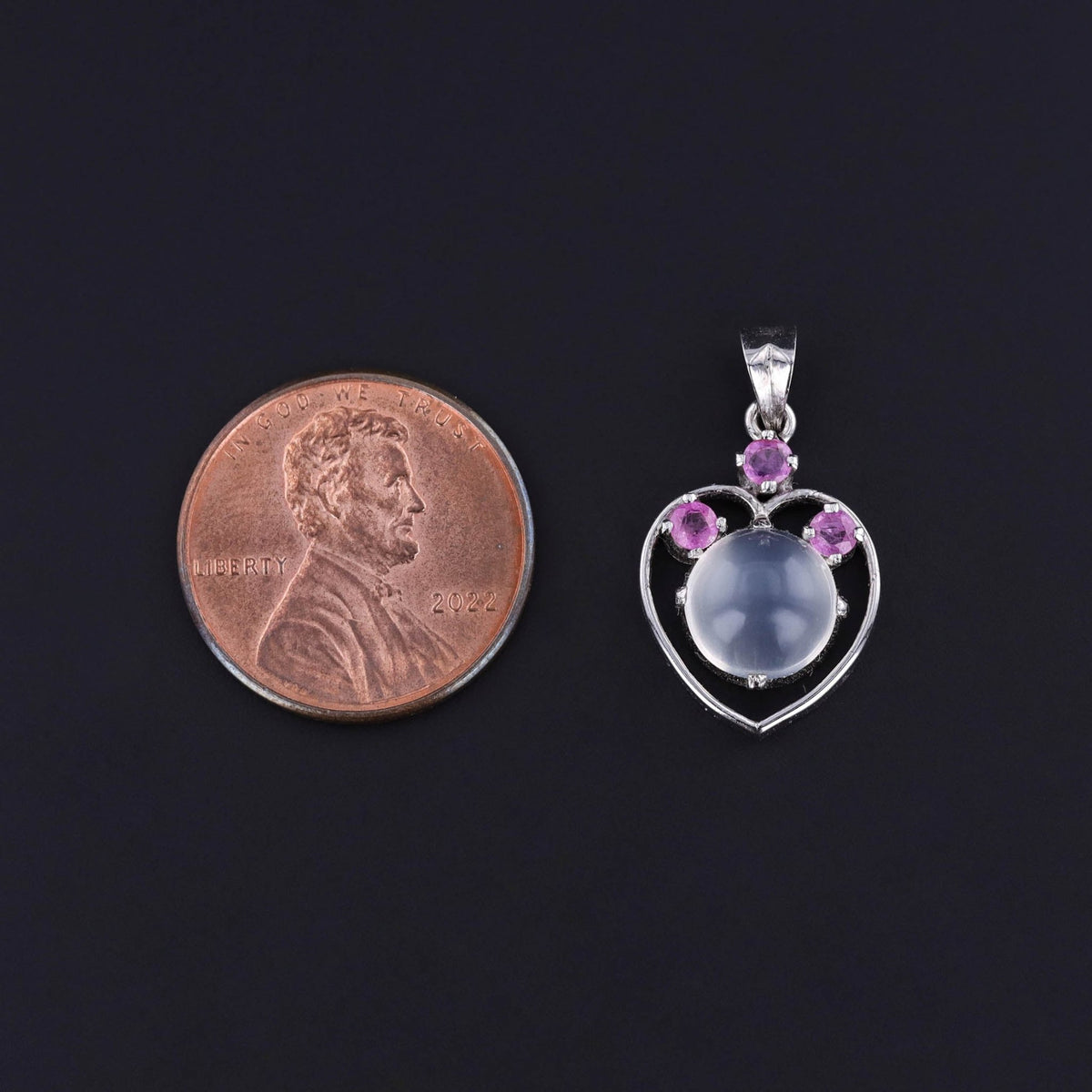 Vintage Moonstone and Ruby Heart Pendant of Silver - Trademark Antiques