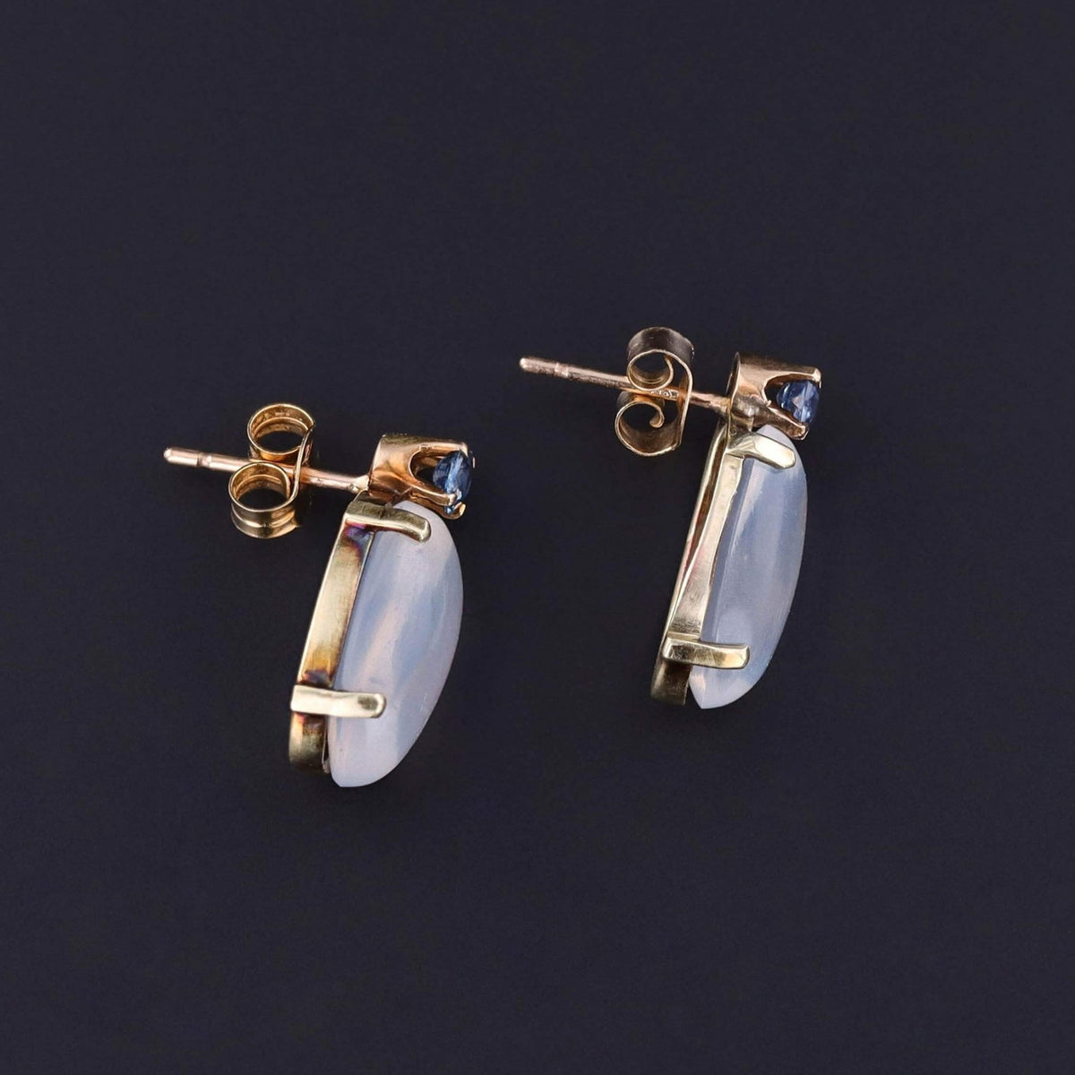 Vintage Moonstone and Sapphire Earrings of 14k Gold - Trademark Antiques